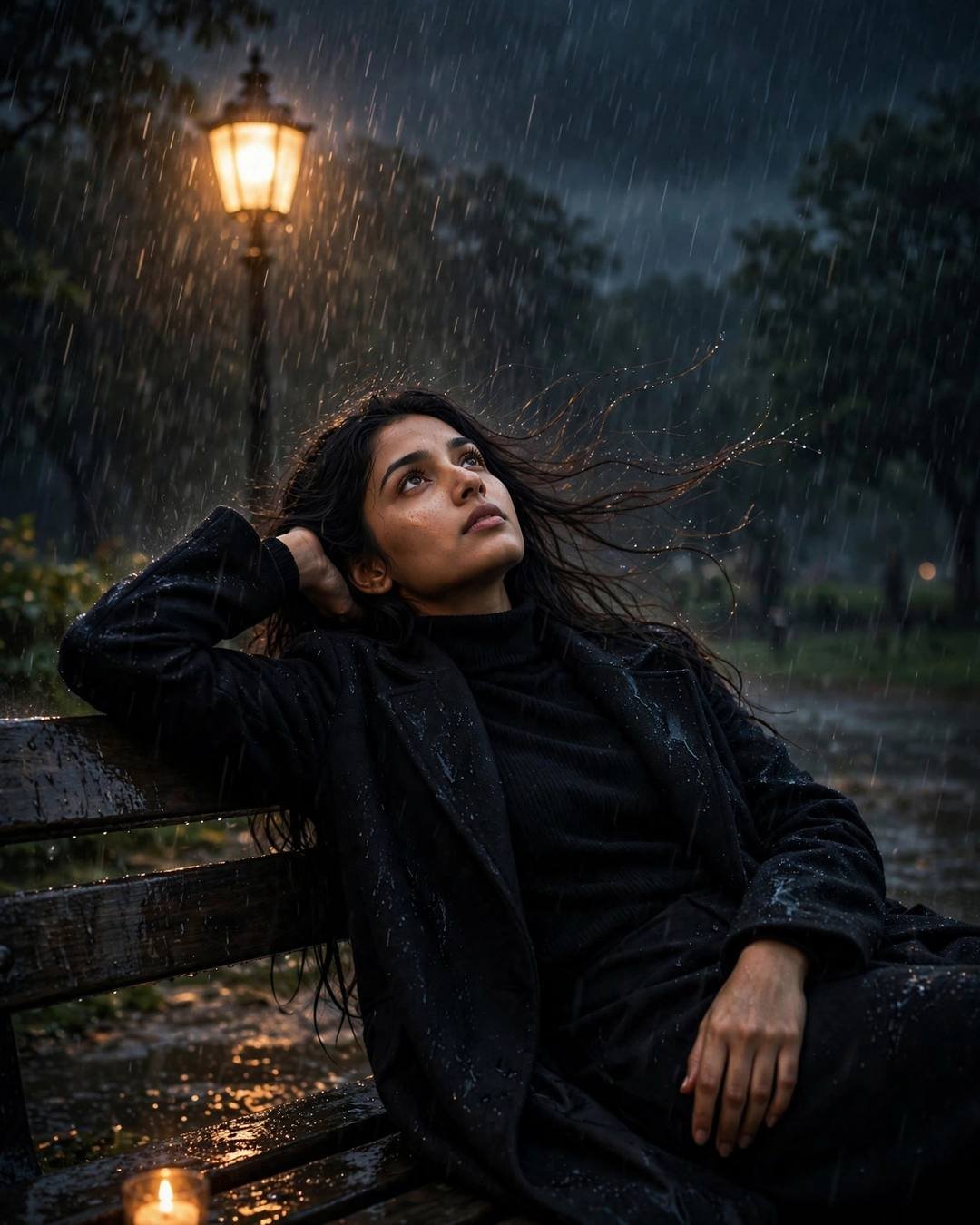 A young Indian woman in a black turtleneck and long coat lying on a park bench under a lone lamp in heavy monsoon rain, gazing up