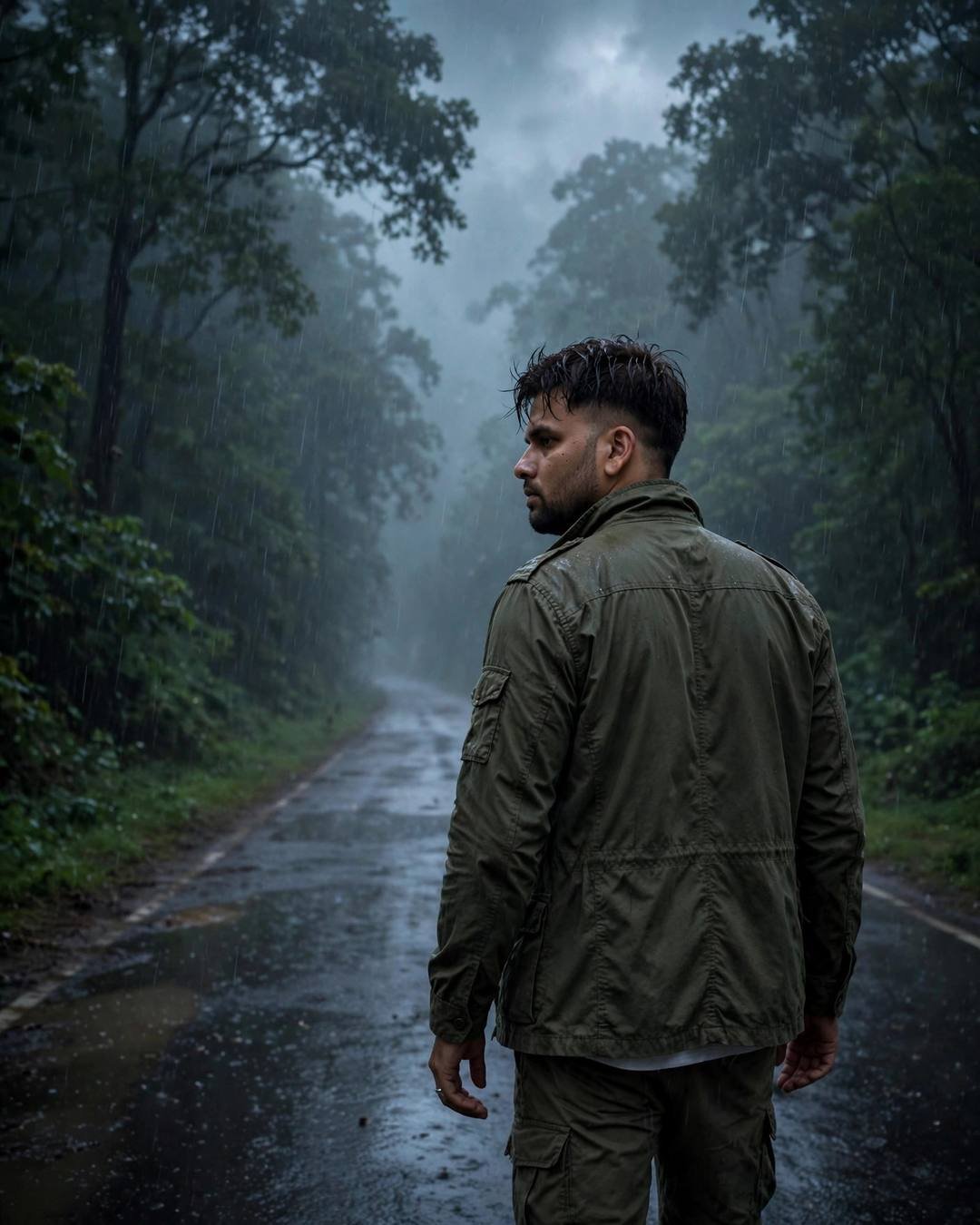 Young Indian man in olive field jacket walking away down a rainy misty forest road, looking back over shoulder
