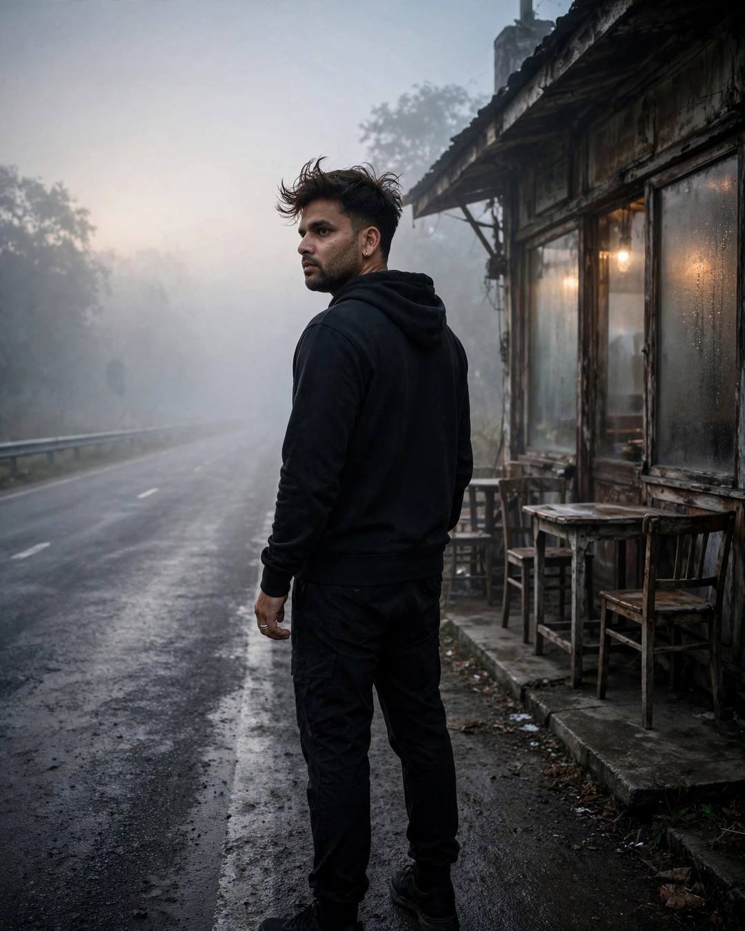 Young Indian man in all-black streetwear on a foggy wet highway, back to camera, looking over shoulder at a glowing old cafe