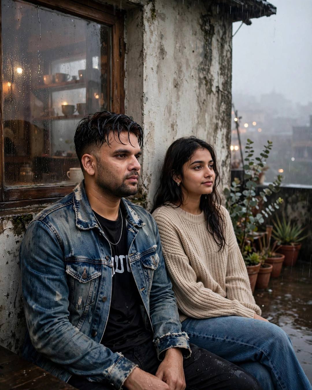 A young Indian couple in denim jacket and beige sweater sitting on a rainy rooftop beside a fogged café window