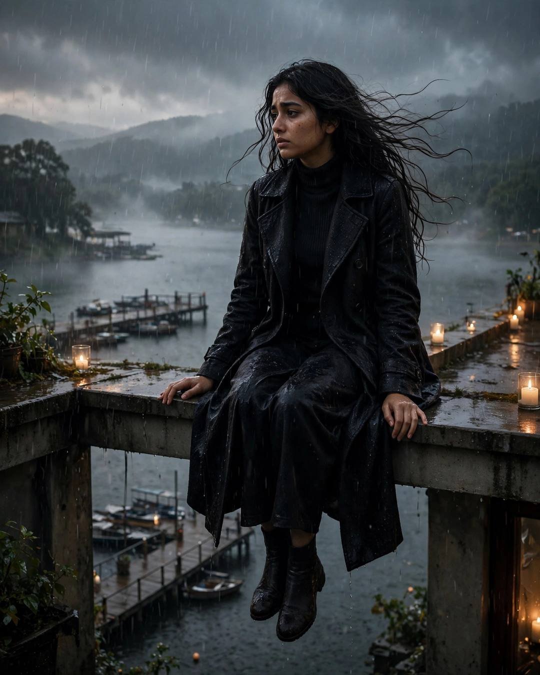 Young Indian woman in black coat sitting on a rain-soaked rooftop ledge above a misty lake, candles glowing beside her