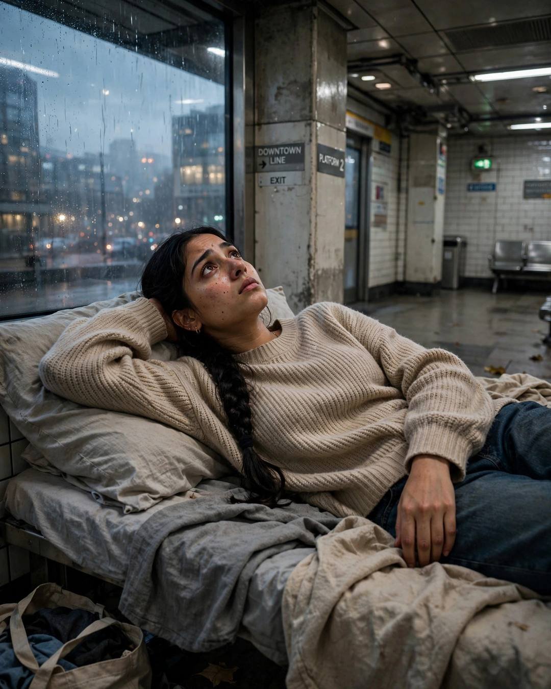 Young woman lying on a bed in a deserted midnight metro station, staring at the ceiling, rain on the windows, city lights glowing