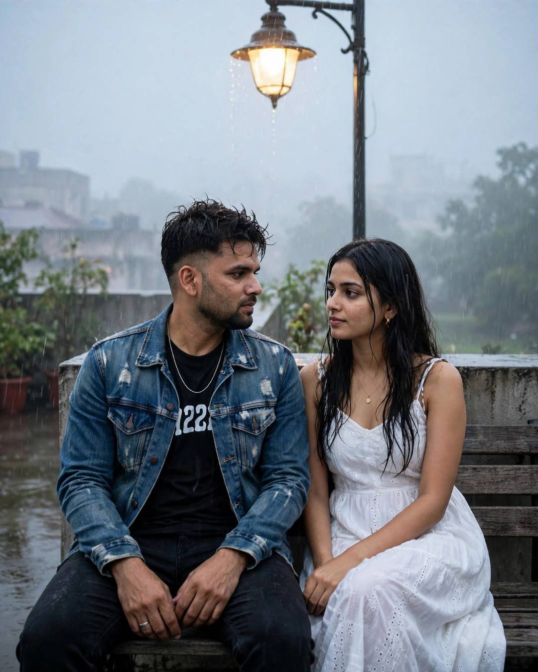 Young couple sitting on a rooftop bench in the drizzle at dawn, sharing a tender gaze under a warm streetlamp