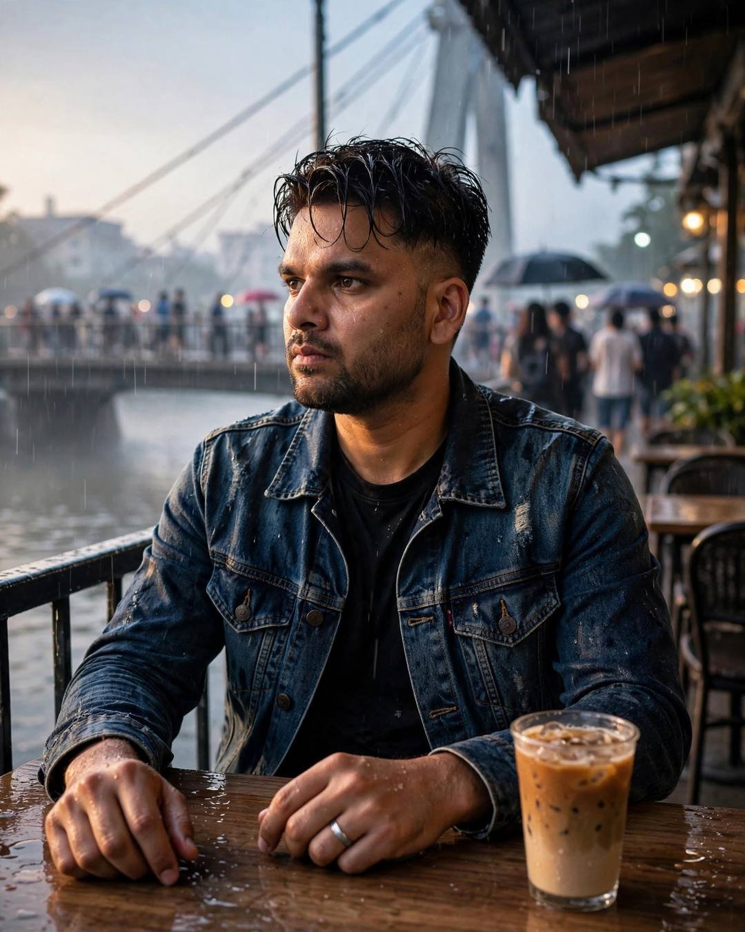 Young man in denim jacket sitting at a rainy riverside cafe table, cold coffee in front, gazing past it, bridge behind