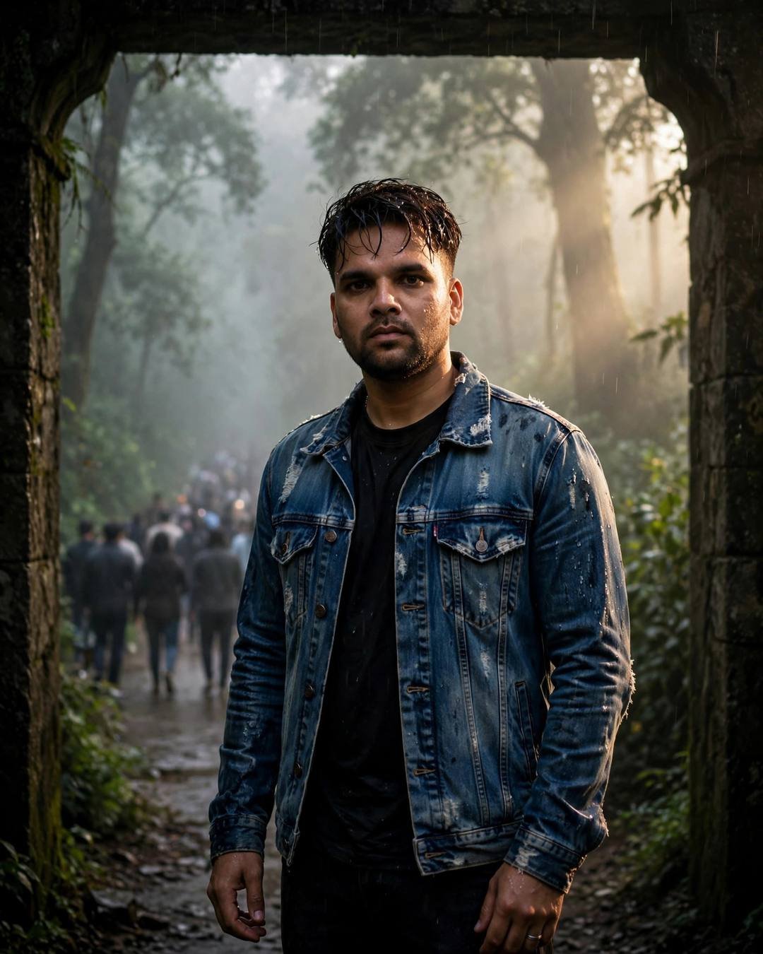Young man in denim jacket standing in an old stone doorway, half in shadow, misty forest path and receding crowd behind
