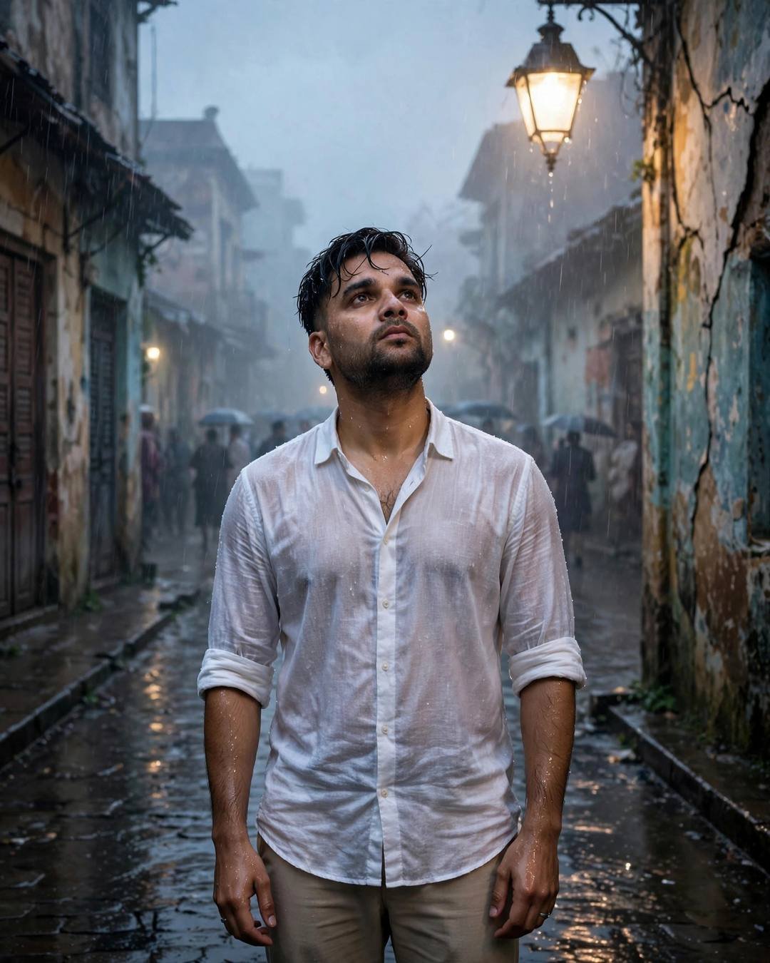 Young man in white linen shirt standing in a rainy old-city lane with face lifted to the sky, streetlamp glowing above, umbrellas in the distance