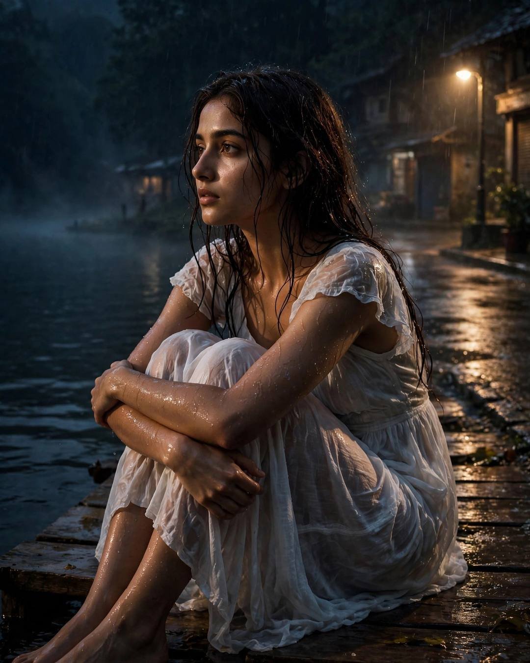 Young woman in white dress sitting on a wooden lake pier at midnight in the rain, knees drawn up, gazing into the distance