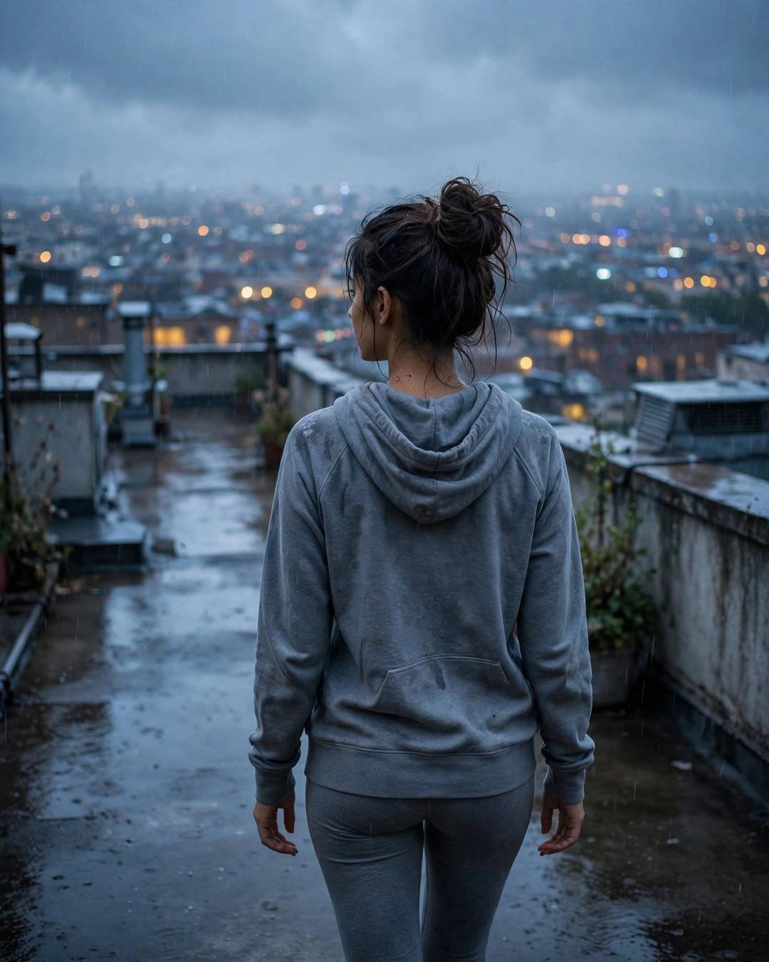 Young woman in grey hoodie walking away across a rainy rooftop at blue hour, messy bun, sleeping city lights below