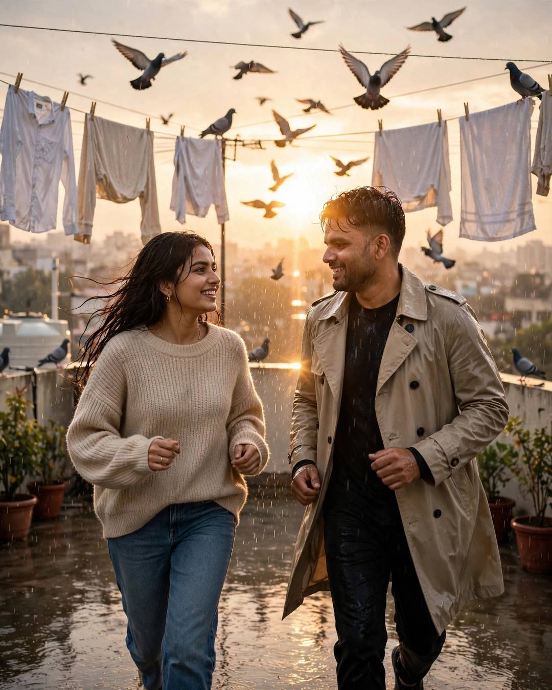 Young couple running laughing toward each other on a rainy rooftop terrace at golden hour, pigeons flying, laundry lines snapping