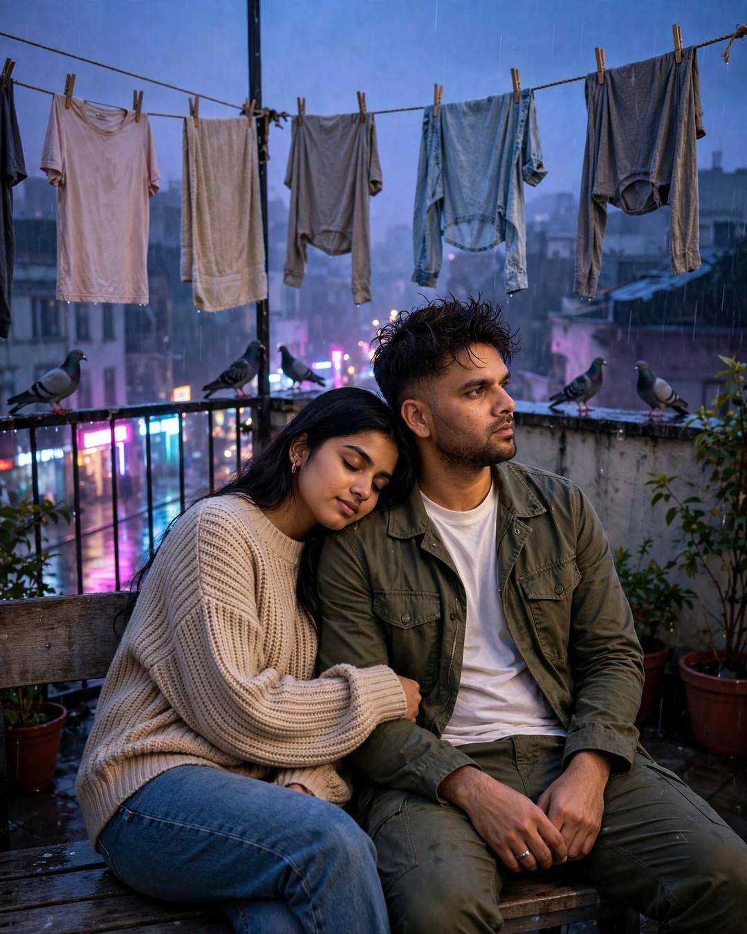Young couple sitting close on a rainy terrace bench at blue hour, her head on his shoulder, pigeons and laundry lines, neon city glowing