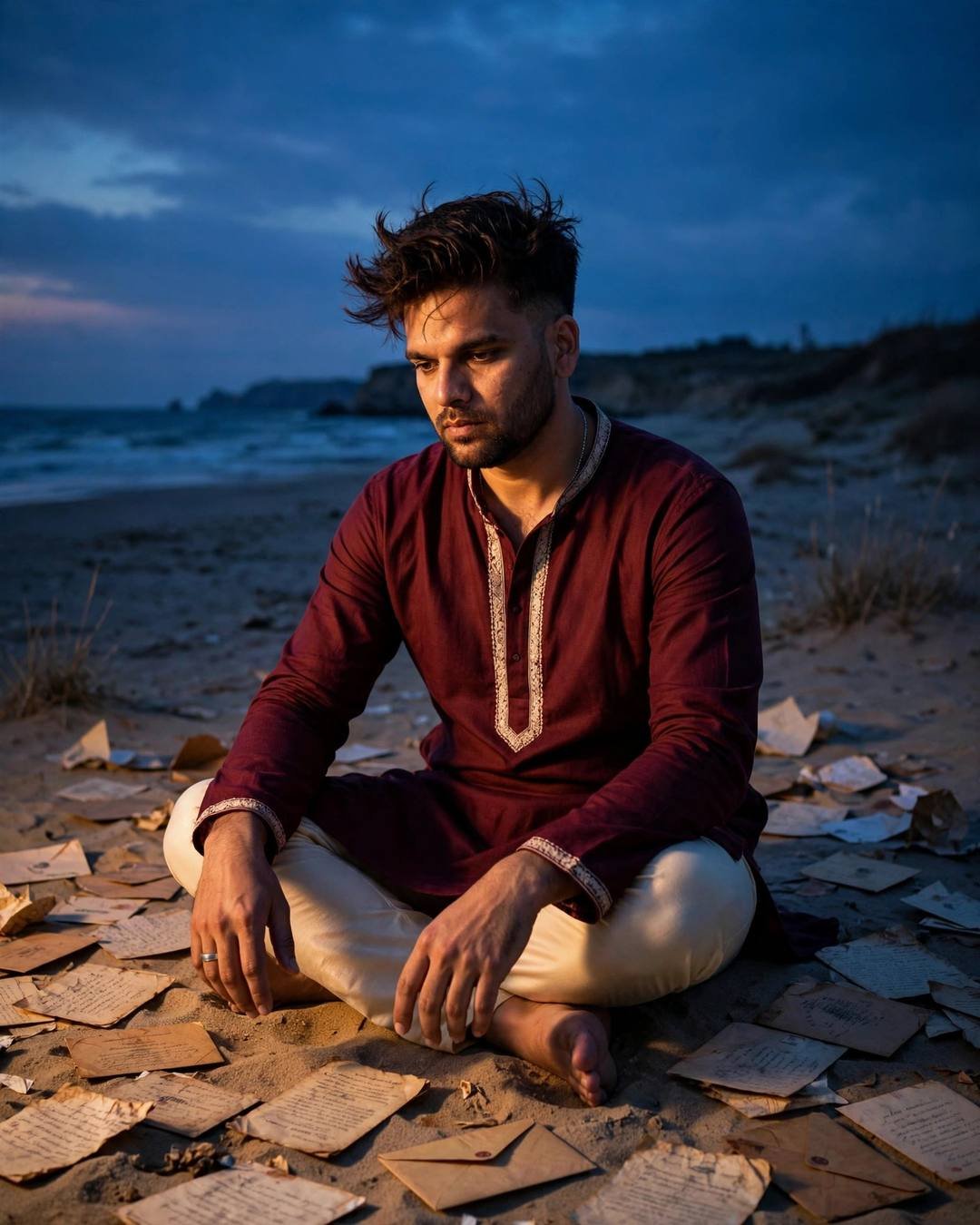 Young man in maroon kurta sitting cross-legged on a deserted beach at dusk, surrounded by old letters, dramatic blue-hour light