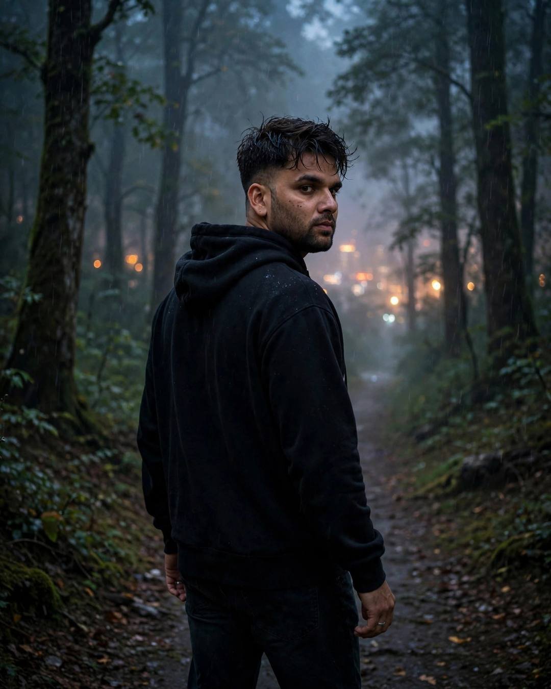 Young man in black hoodie walking away down a misty forest path at night, looking back over his shoulder, city lights glowing through trees