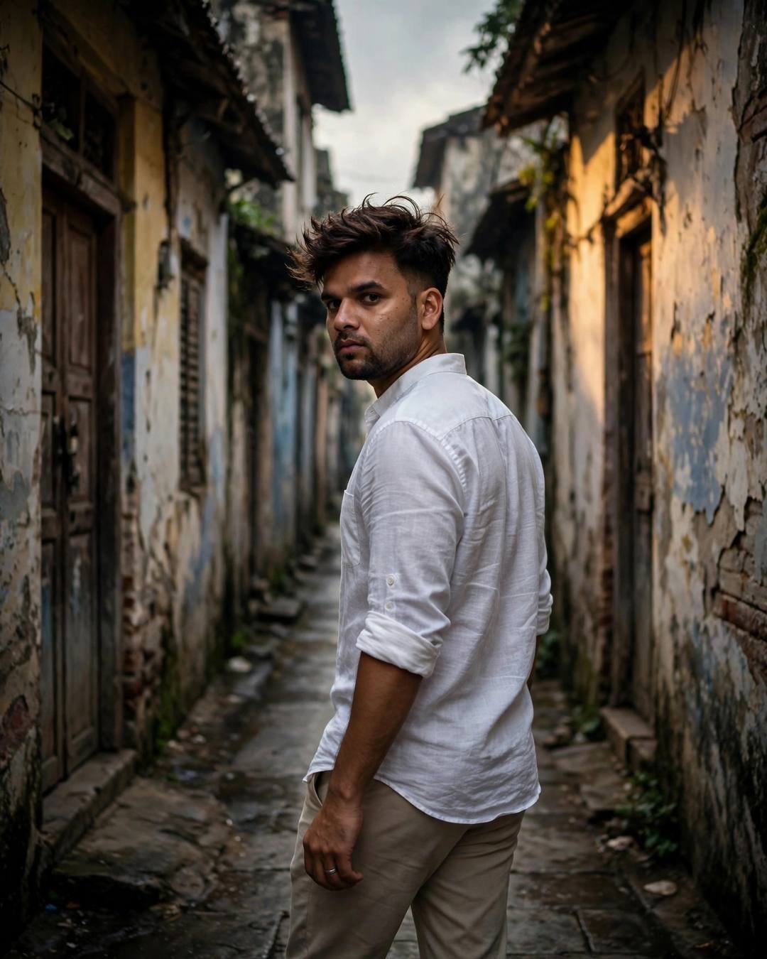 Young man in white linen shirt walking away down a narrow old-city lane, looking back over his shoulder, golden light on peeling walls