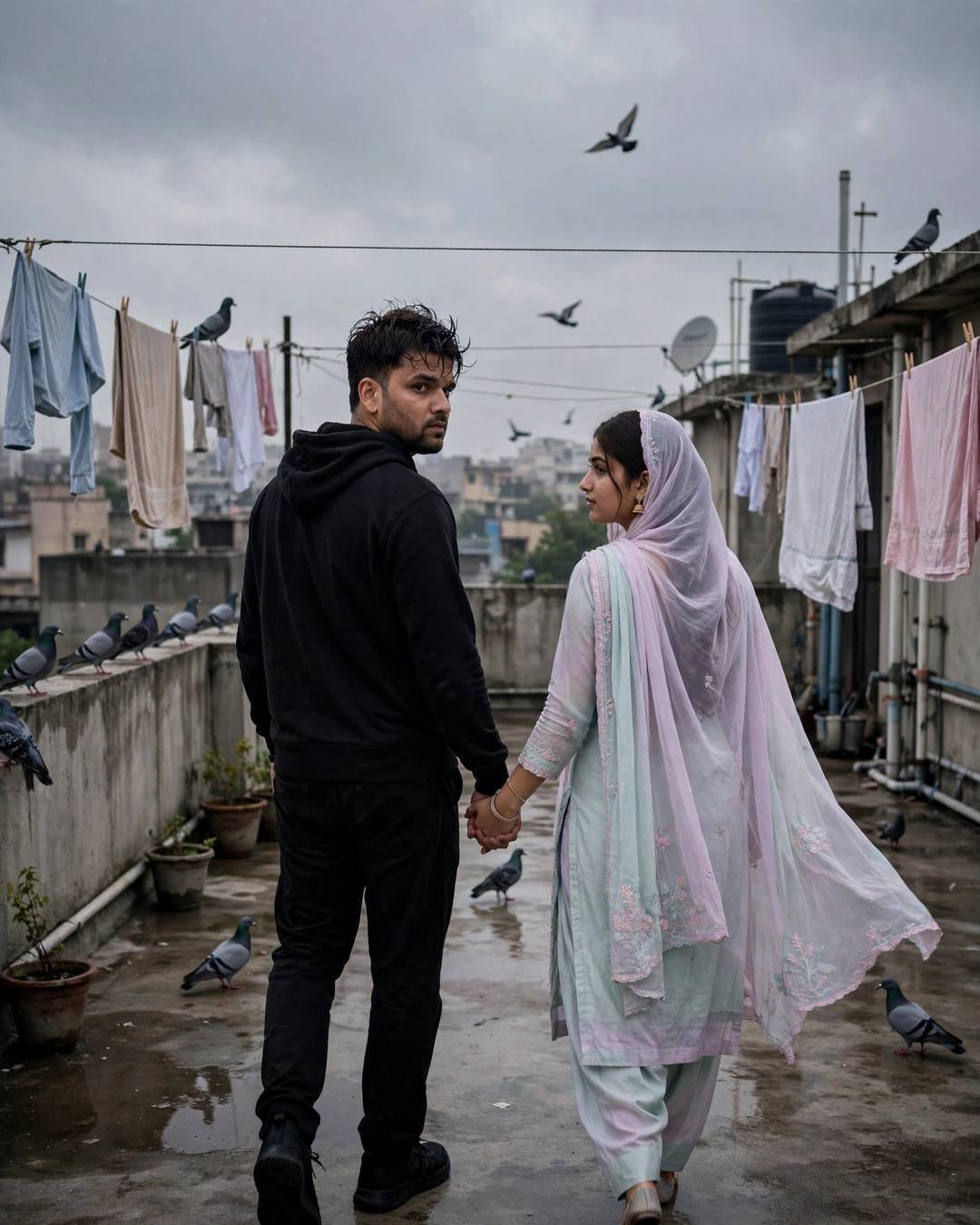 An Indian couple in streetwear and salwar-kameez walking hand in hand across a rooftop terrace with drying clothes and pigeons, glancing back