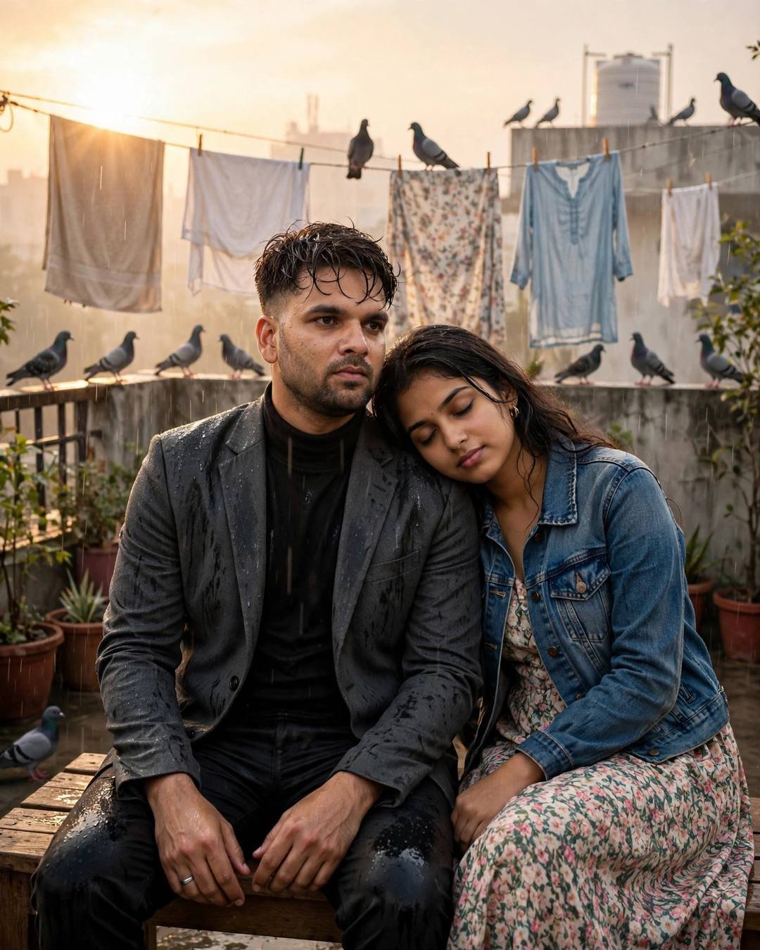 A young Indian couple on a dawn terrace with drying clothes and pigeons, the woman in a denim jacket over floral dress leaning on the man's shoulder