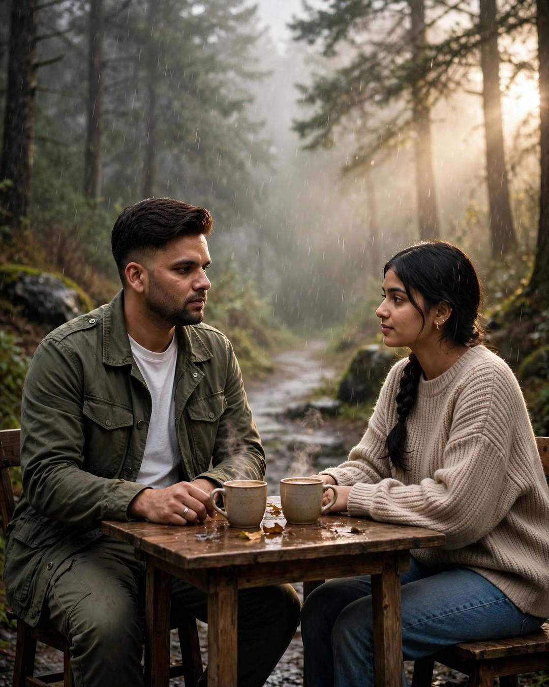 A young Indian couple in olive field jacket and beige sweater sitting across a wooden table with mugs on a misty forest path in light rain