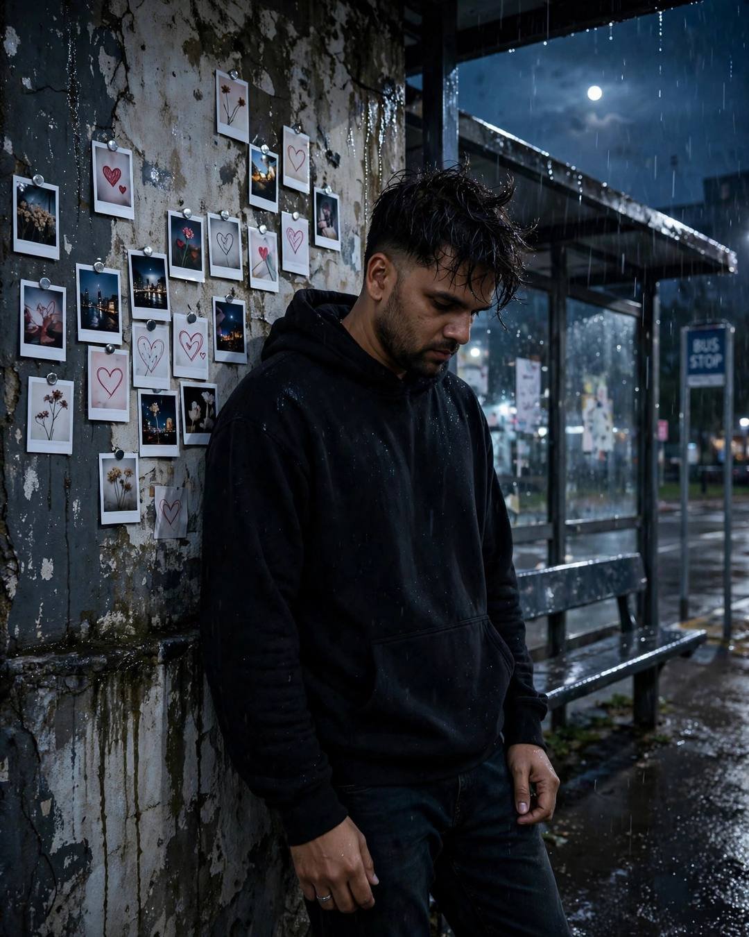 A young Indian man in a black hoodie leaning against a weathered wall covered in polaroids at a rainy bus stop at night
