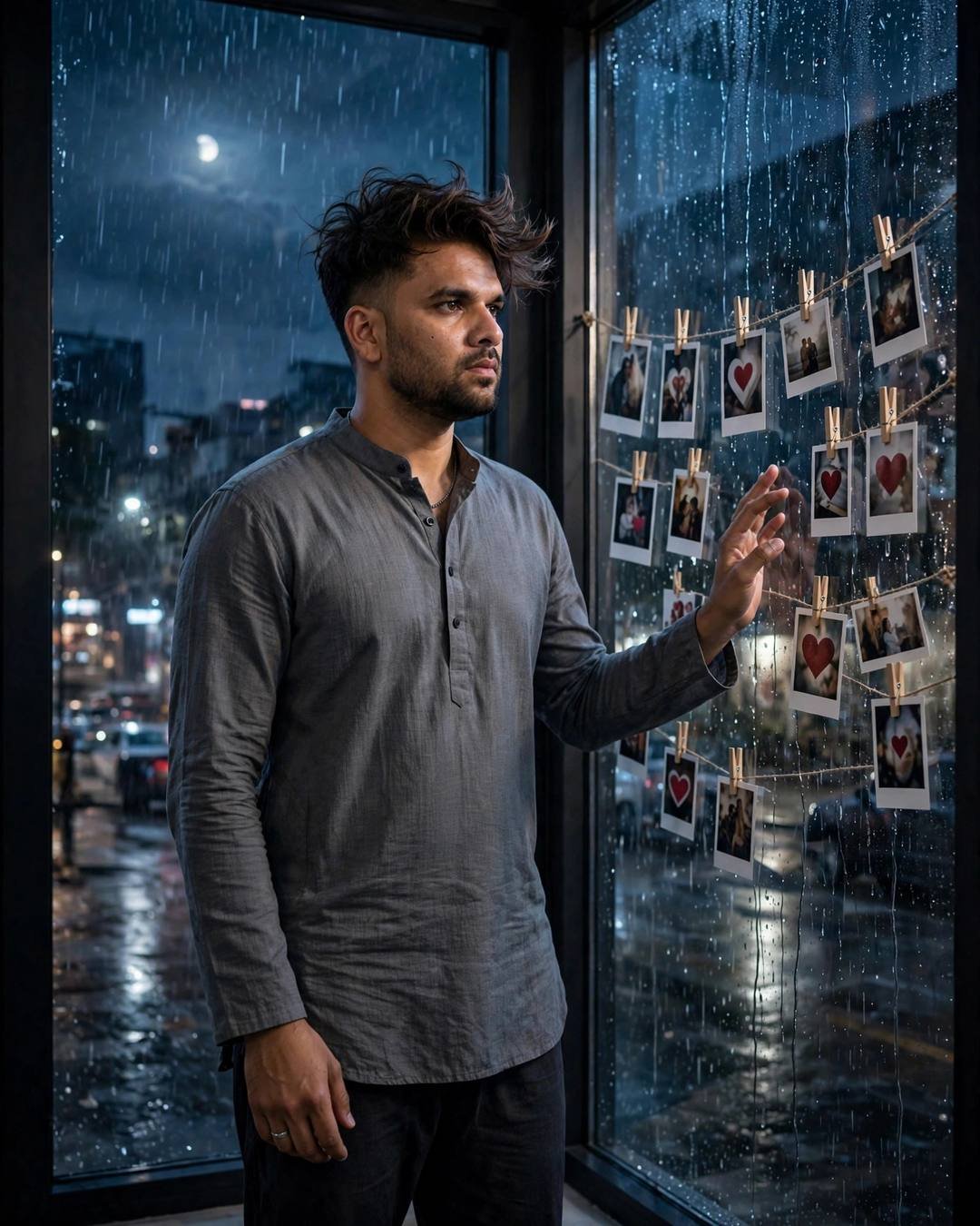 A young Indian man in a grey kurta standing at a rain-streaked window at night, touching strings of polaroids taped to the glass