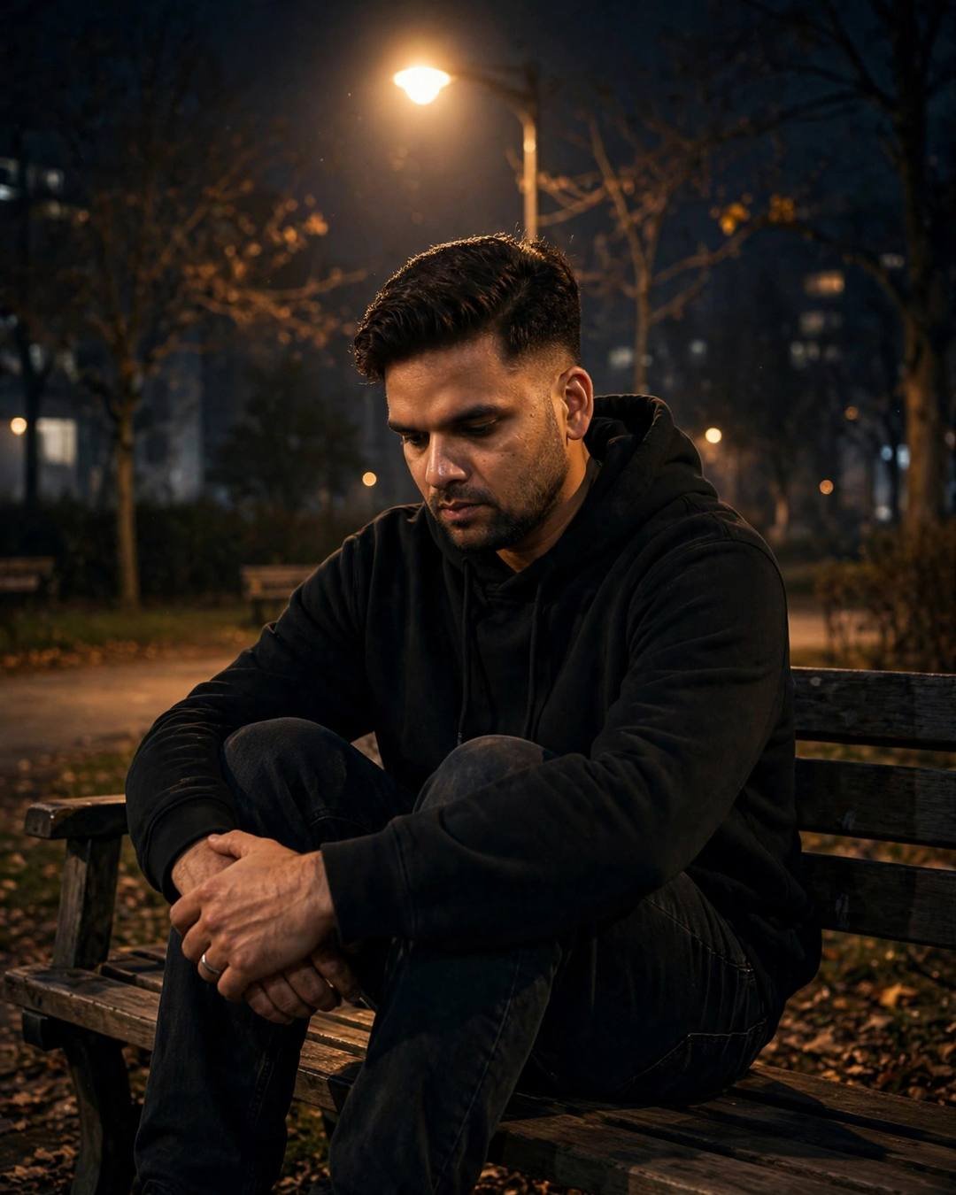 Young man in black hoodie sitting alone on a park bench under a lone streetlamp at midnight, knees drawn up