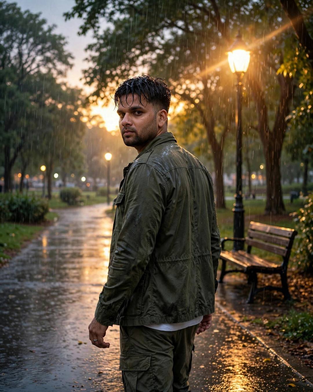 A young Indian man in an olive field jacket walking away on a rainy park path under a lone lamp, looking back over his shoulder