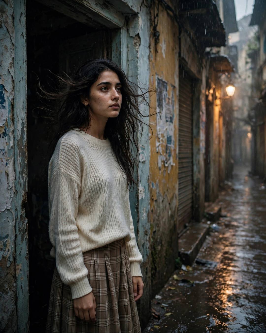 A young Indian woman in a cream knit top and plaid skirt standing in a doorway of a narrow old-city lane in dawn rain