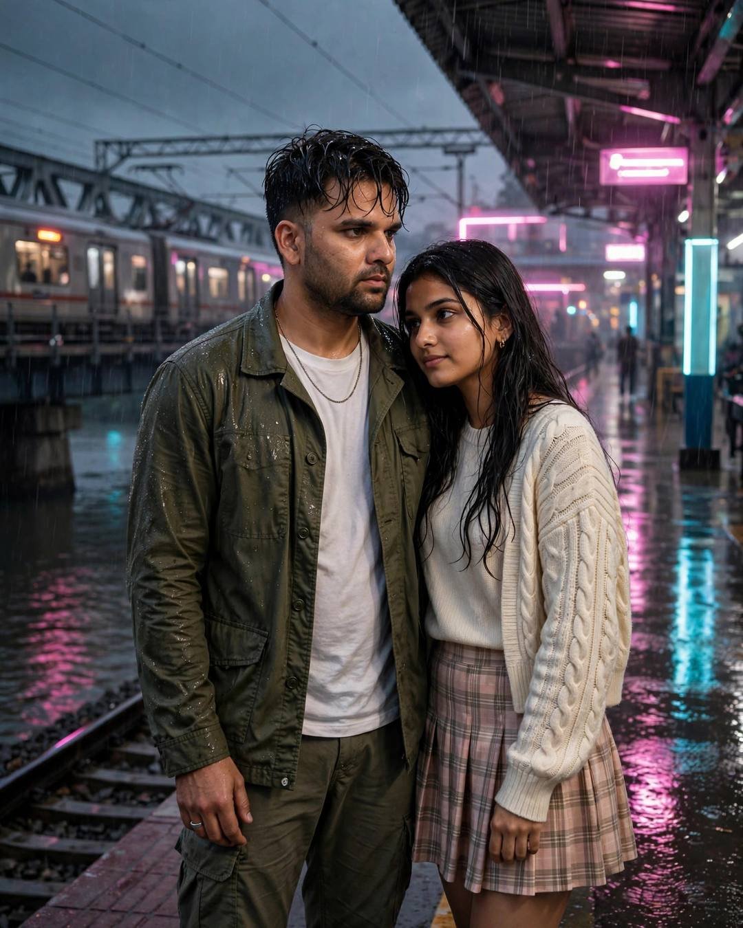 Young couple standing close on a neon-lit rainy railway platform at night with a glowing train behind