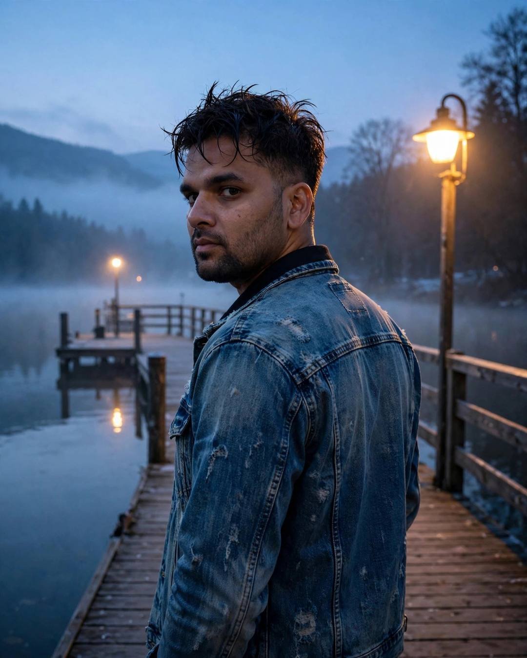 A young man in a distressed denim jacket standing on a quiet lake pier at dawn, back to the camera, looking over his shoulder