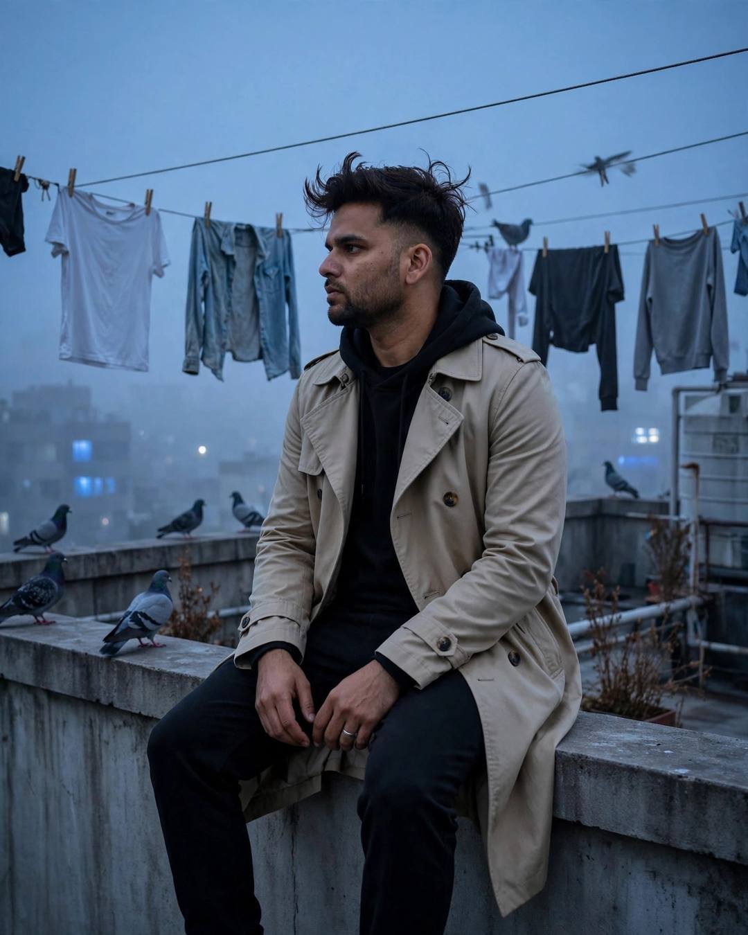 A young man in a beige trench coat sitting on a foggy rooftop ledge with clothes lines and pigeons