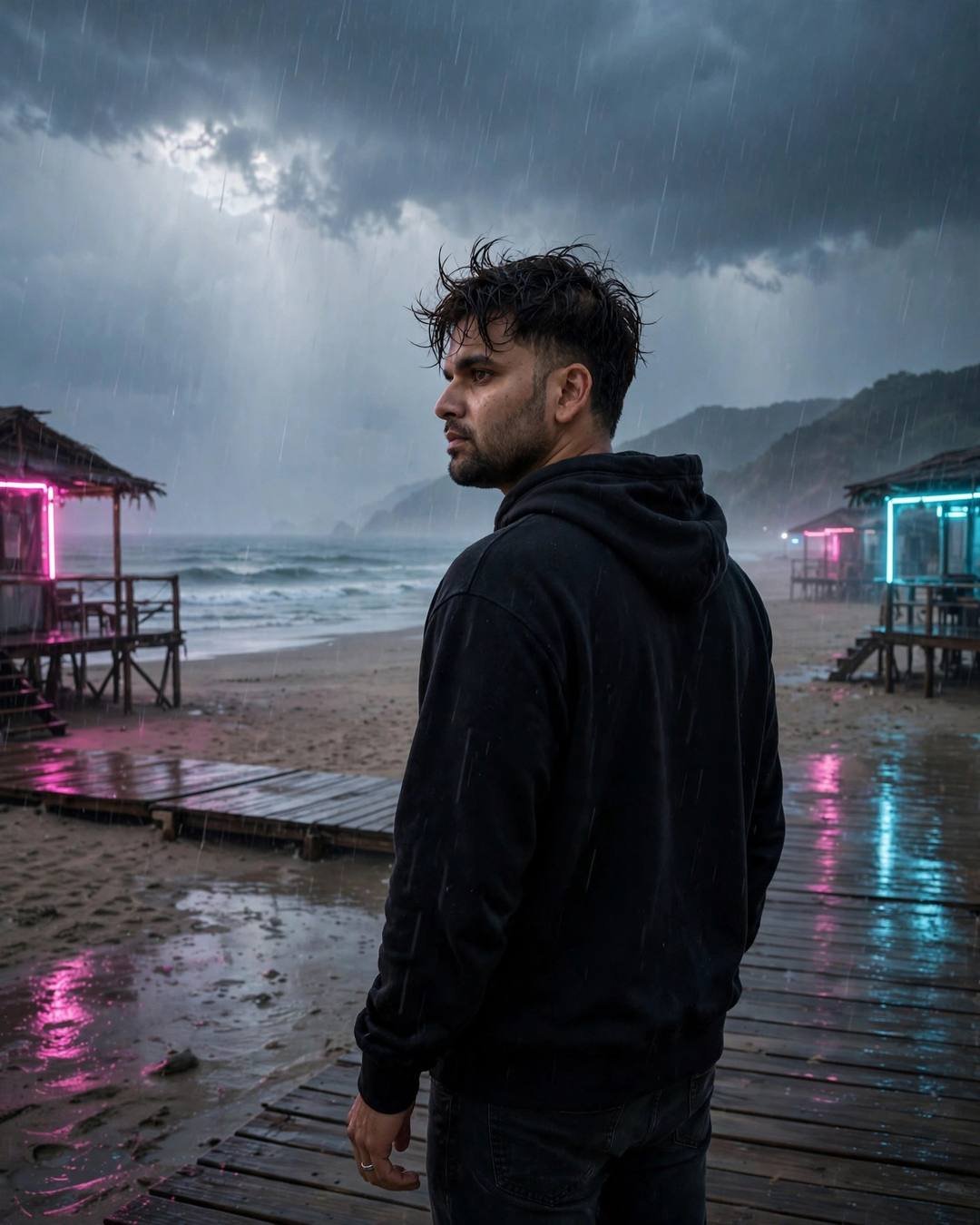Young Indian man in black hoodie with back to camera on a rainy boardwalk, looking over shoulder, neon shacks glowing pink and cyan