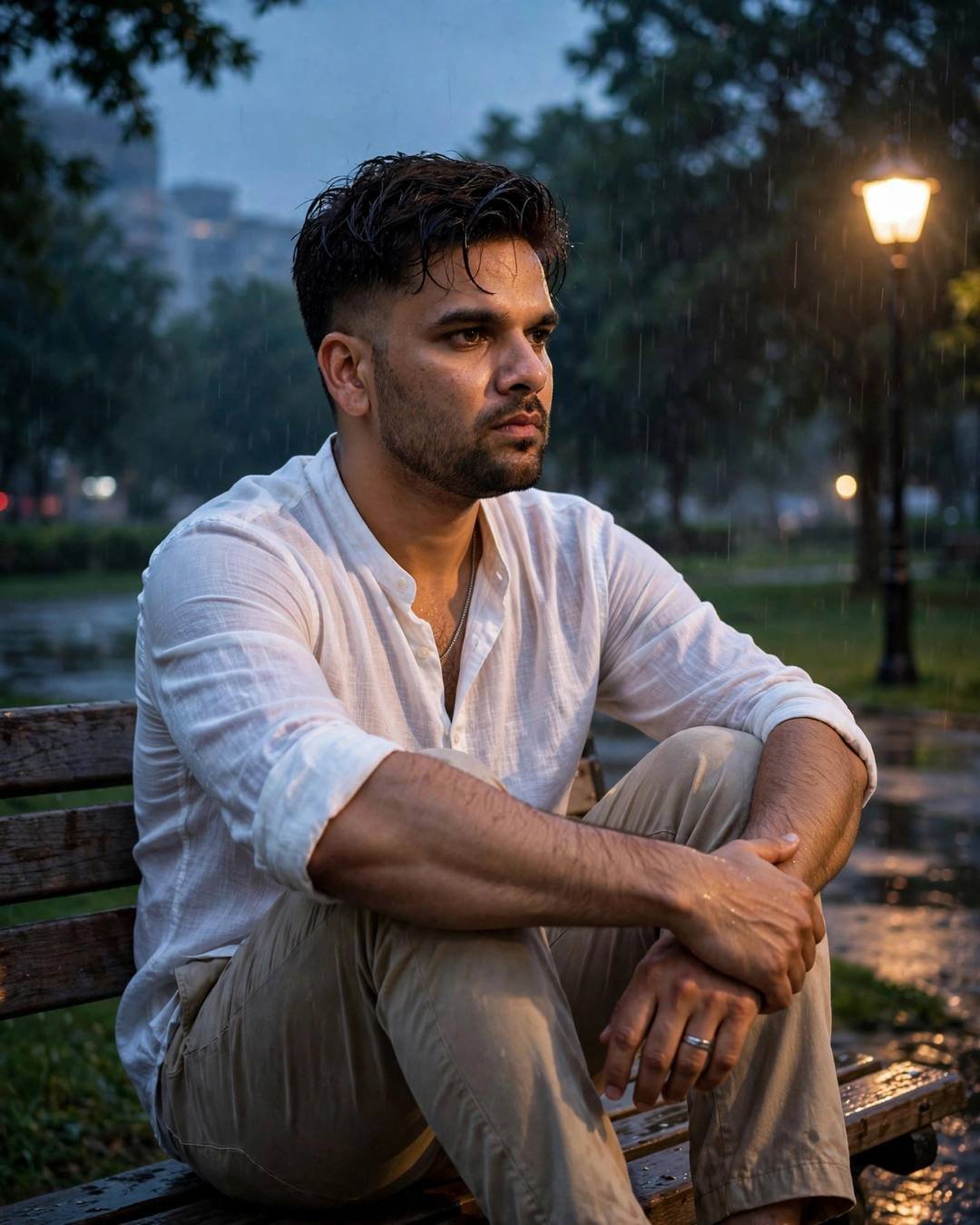 Young Indian man in white linen shirt sitting on a park bench under a lone lamp at blue hour, knees drawn up, rain falling