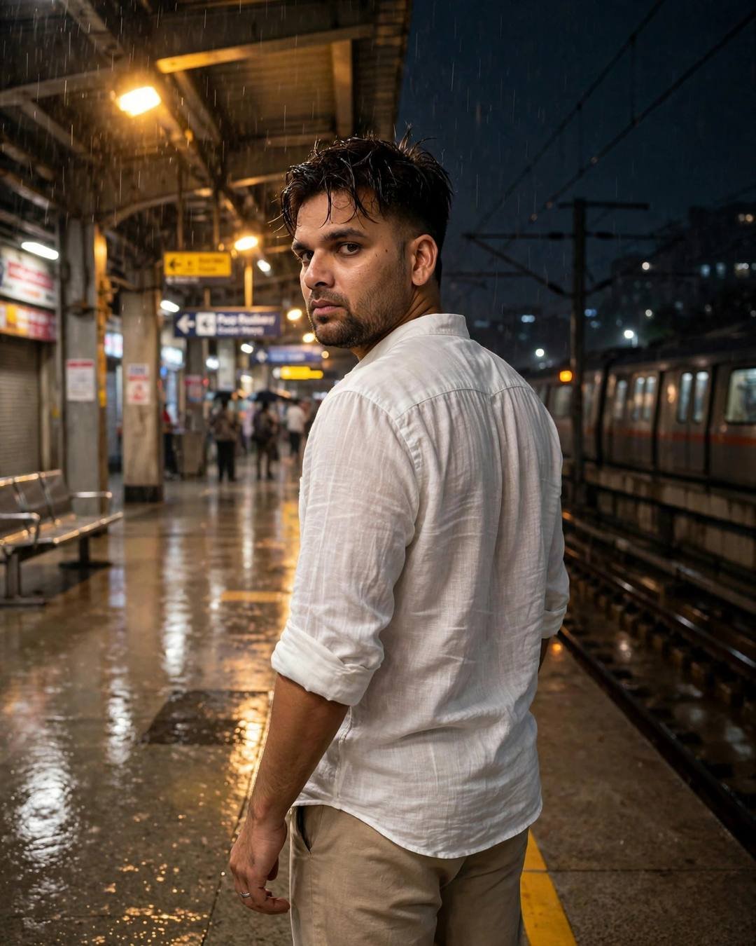 Young Indian man in white linen shirt on a midnight metro platform, back to camera, looking over shoulder, train waiting in rain