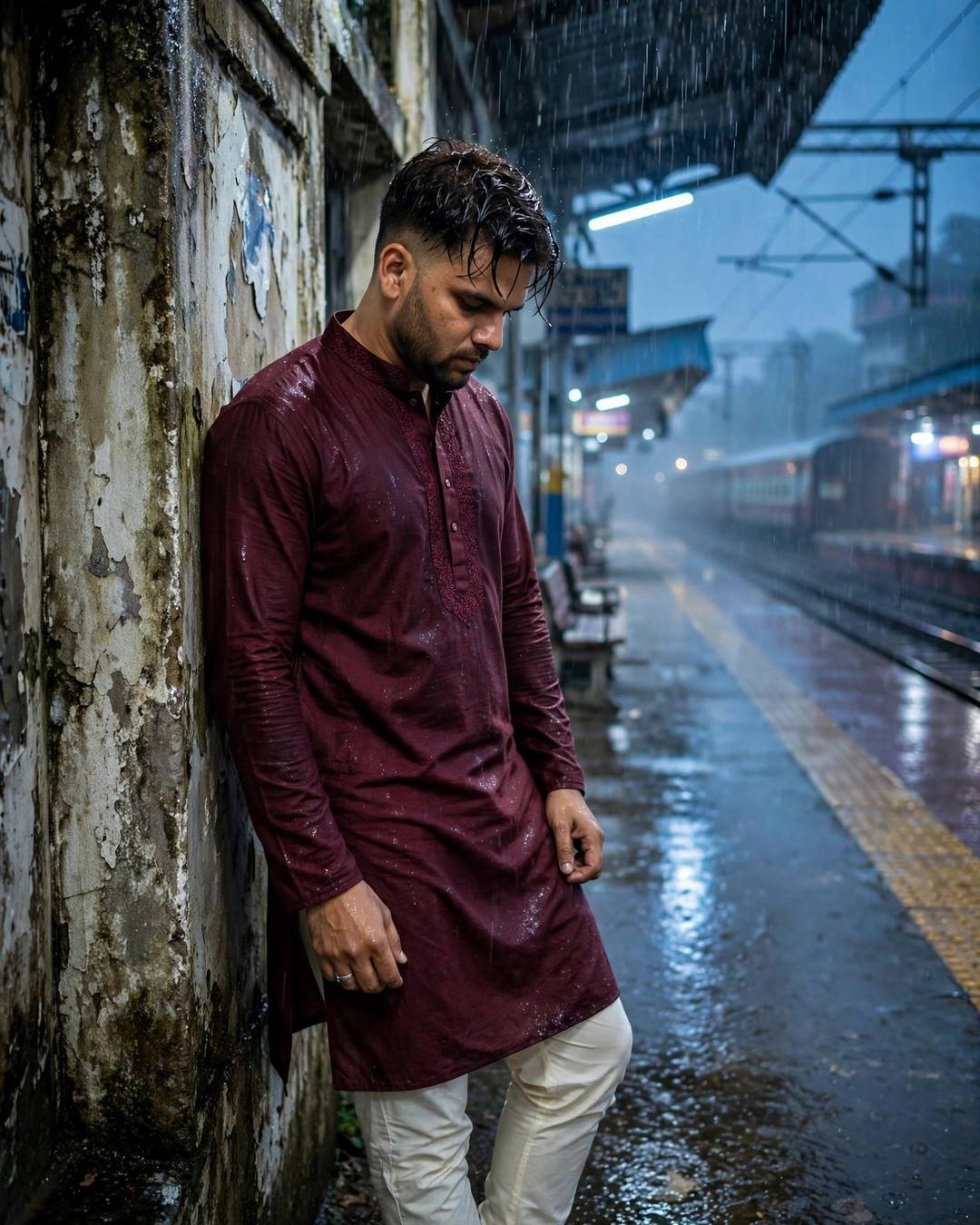 Young Indian man in maroon kurta leaning against a weathered wall on a rainy empty railway platform at night, train in mist