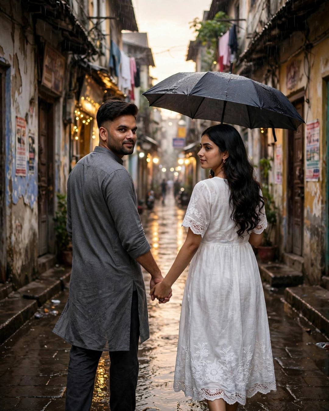 Young couple walking hand in hand under one umbrella down a golden old-city lane after rain