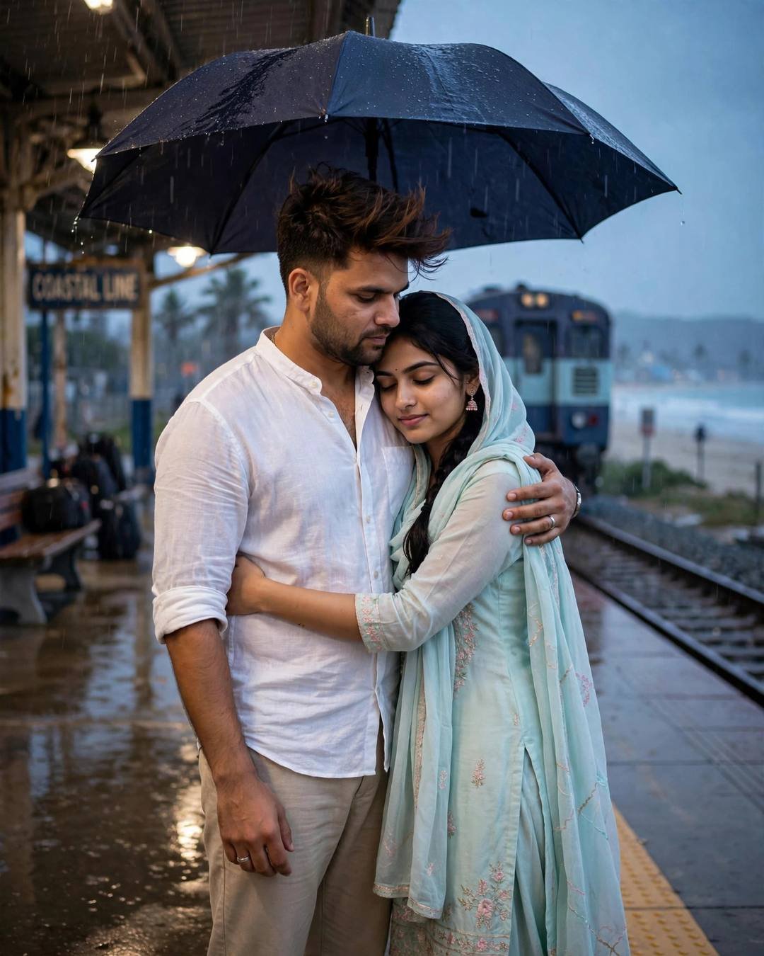 Young couple embracing under one umbrella on a rainy railway platform at dusk with a train waiting