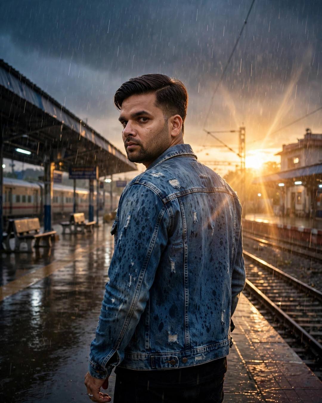 Young Indian man in a distressed denim jacket on an empty railway platform looking over his shoulder into heavy monsoon rain