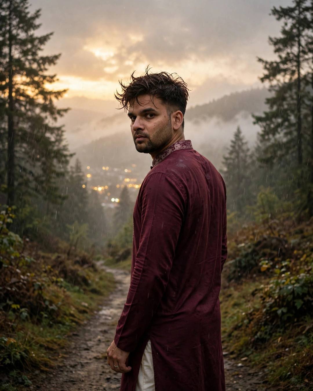Young Indian man in a maroon kurta on a misty forest path looking back over his shoulder at a glowing valley