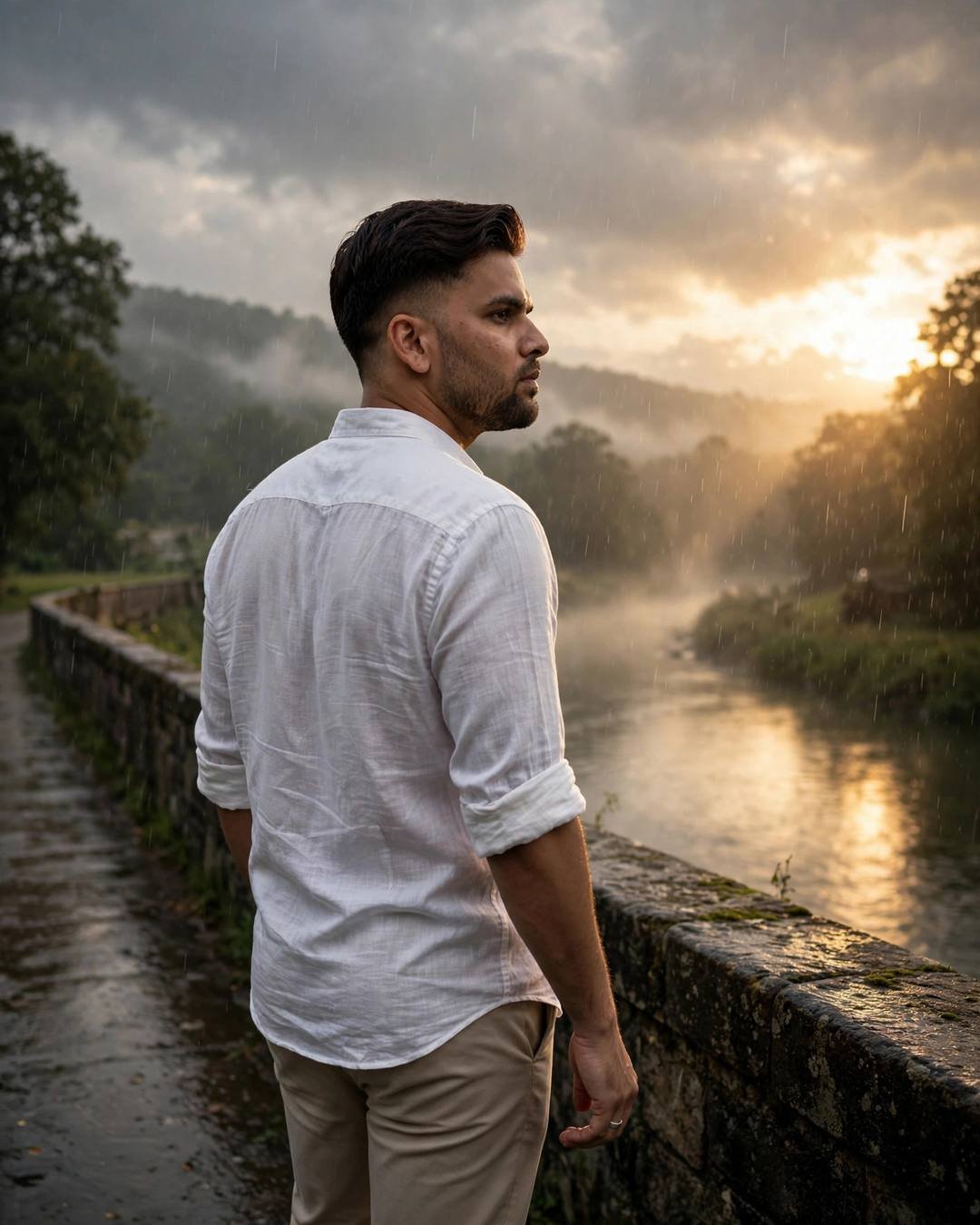 Young Indian man in a white linen shirt standing on a stone bridge over a river in the rain at golden hour