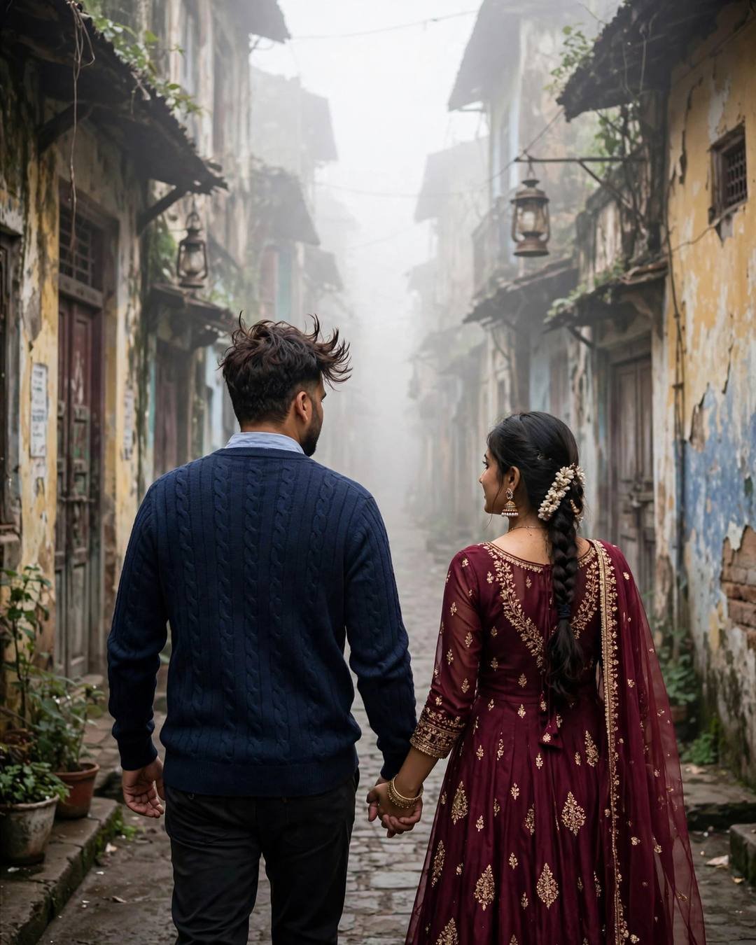 A young Indian couple in navy sweater and maroon anarkali walking hand in hand down a foggy old-city lane at midnight