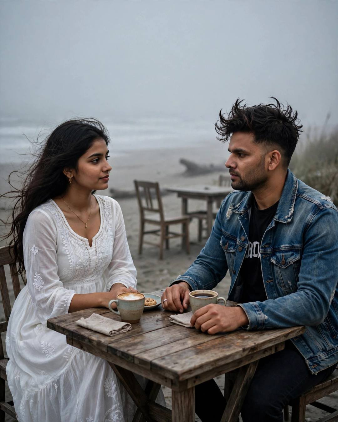 A couple sitting across a small cafe table by a foggy beach, him in a denim jacket and her in a white dress, hands almost touching over cups