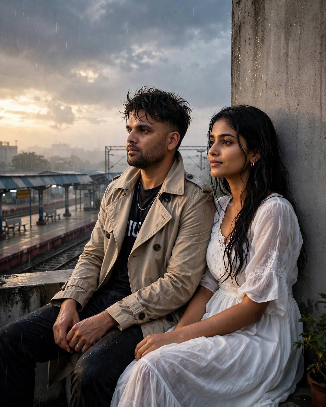 Young couple sitting side by side on a rooftop at dawn watching rain fall over railway tracks