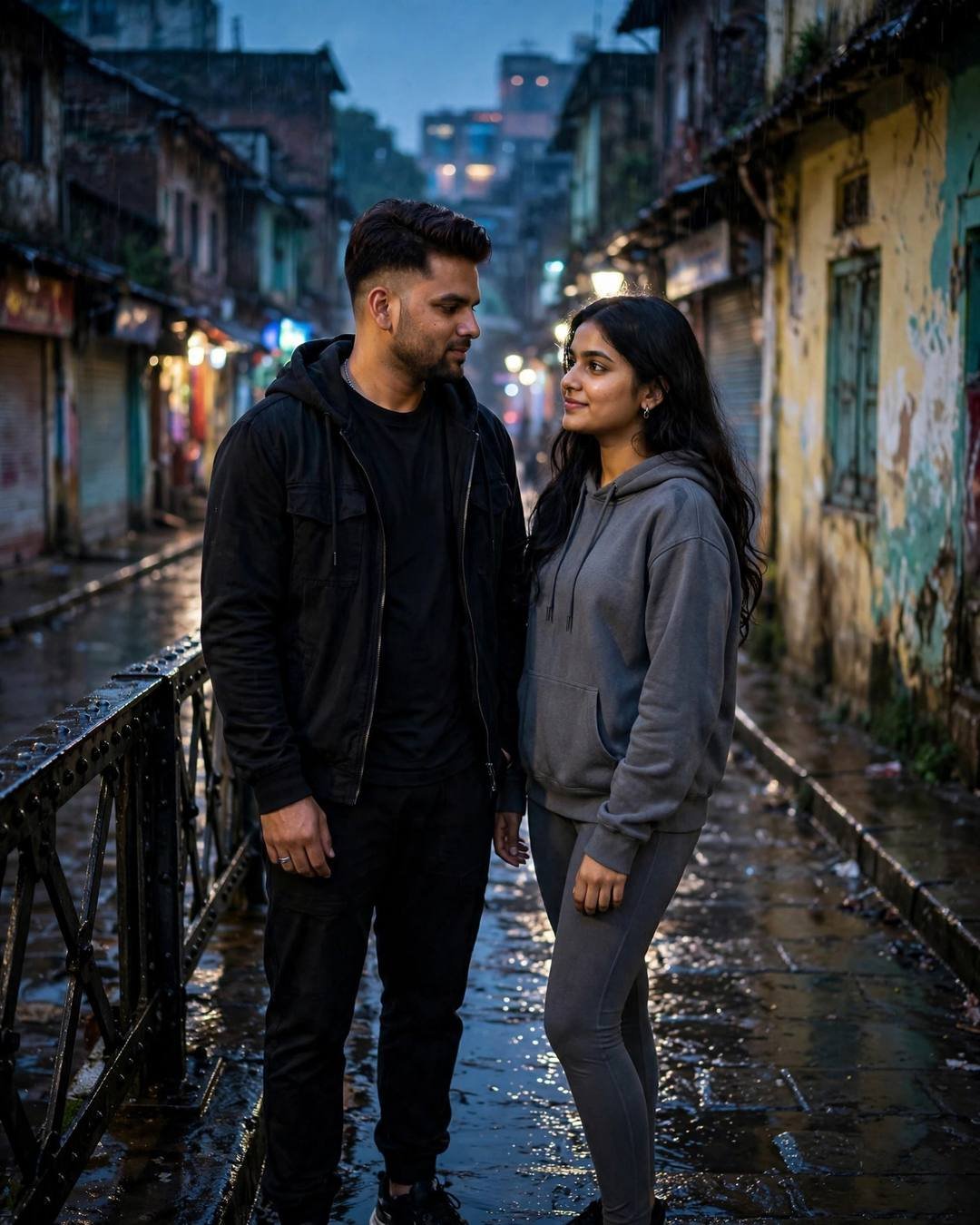 Young Indian couple face to face on a bridge over an old-city lane at midnight — man in black streetwear, woman in grey hoodie