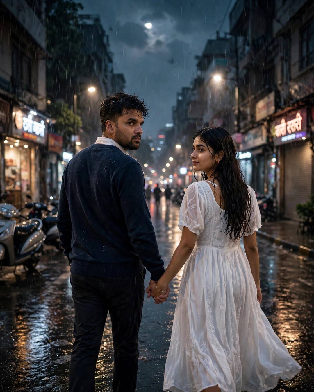 Young Indian couple walking hand in hand down a rainy street at midnight, looking back over shoulders — navy sweater, white dress
