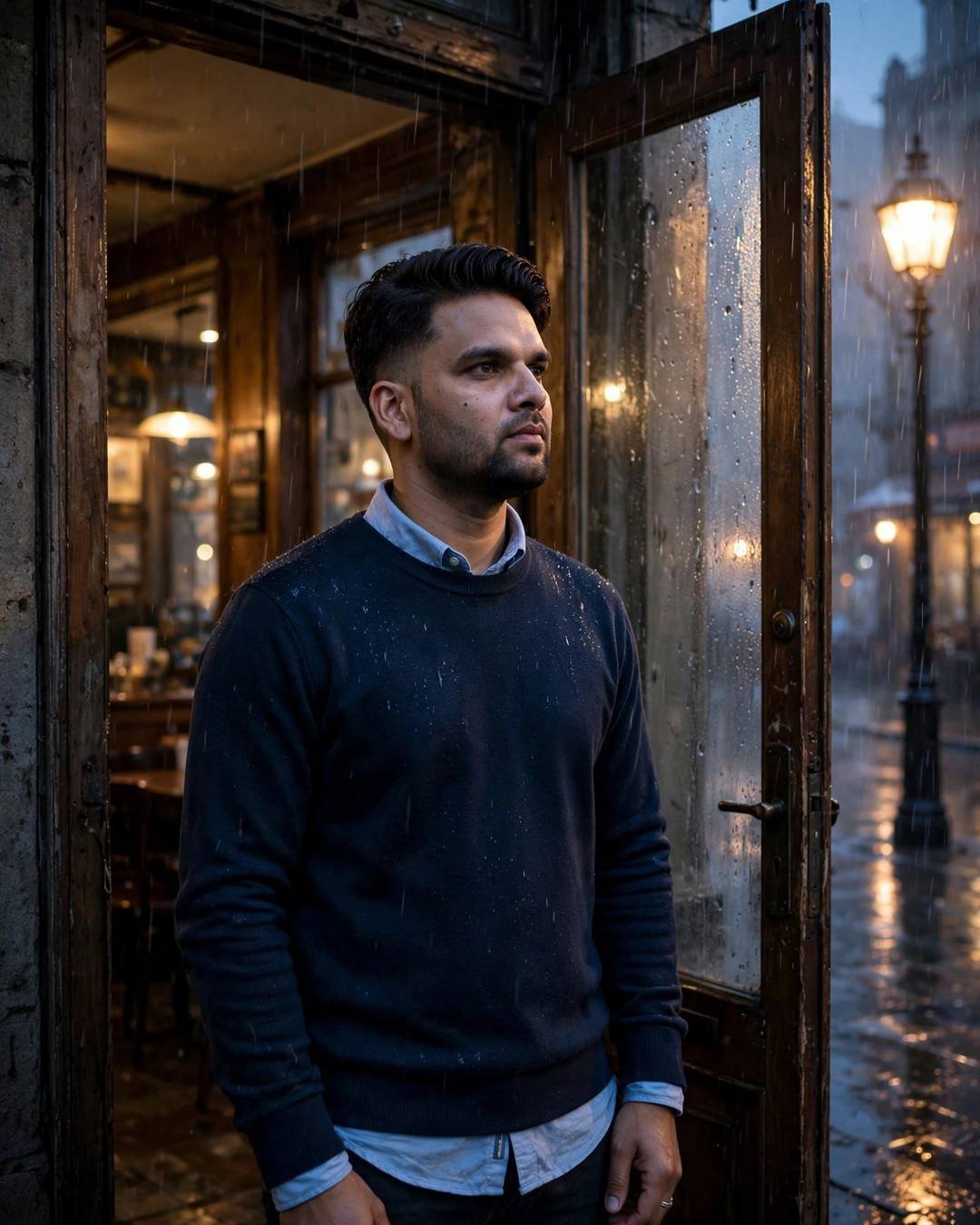 A young Indian man in a navy sweater standing in an old café doorway half in shadow, rain falling outside at blue hour