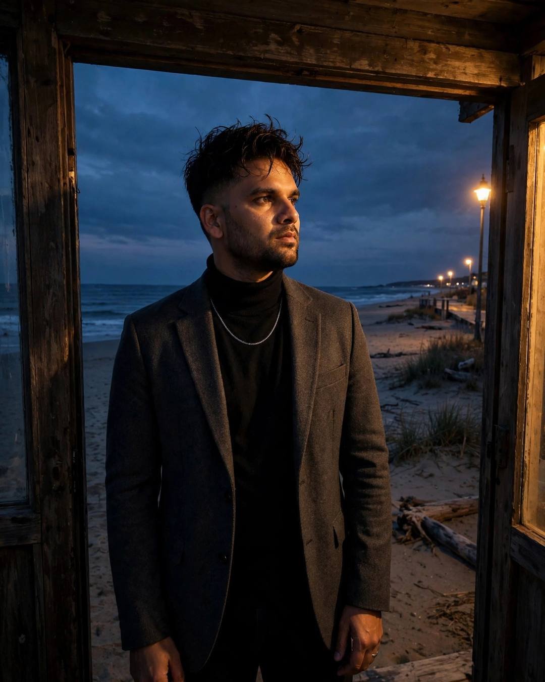 A young Indian man in a charcoal blazer and black turtleneck standing in a doorway at a deserted beach at dusk, streetlamps glowing