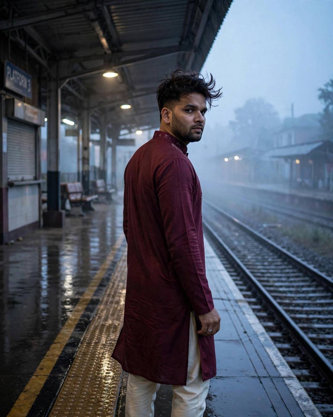 A young Indian man in a maroon kurta walking away down a fogged railway platform at night, wet tracks gleaming