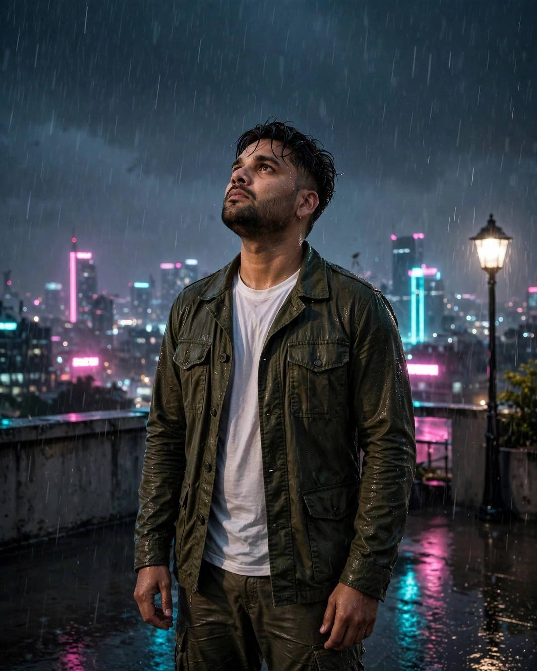 A young man in an olive field jacket standing in rain on a rooftop at night, face lifted to the sky, neon pink and cyan city lights behind him