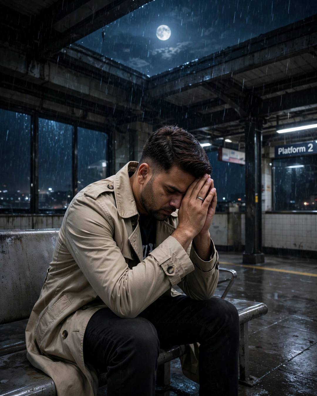 A young man in a beige trench coat sitting on a midnight metro station bench with his head in his hands, moonlight falling through the open roof