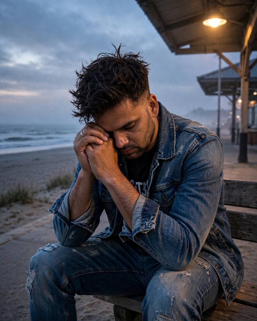 A young man in a distressed denim jacket sitting alone on a beach boardwalk bench at dusk, head bowed into his hands