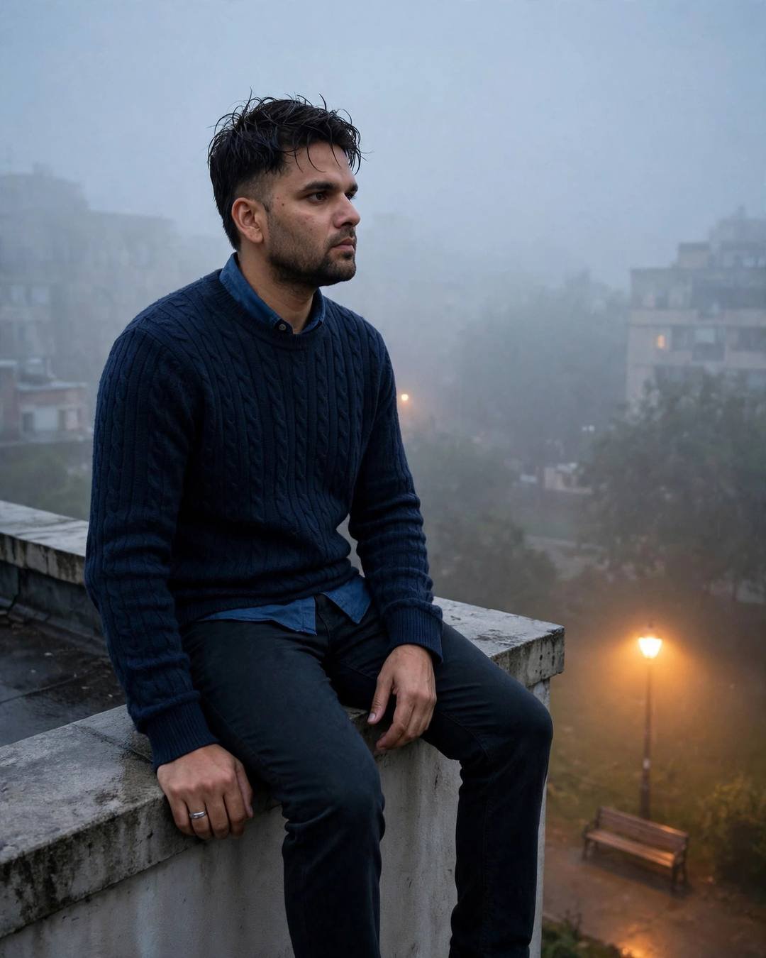 A young man in a navy sweater sitting on a foggy rooftop ledge, gazing into the distance as city lights blur below