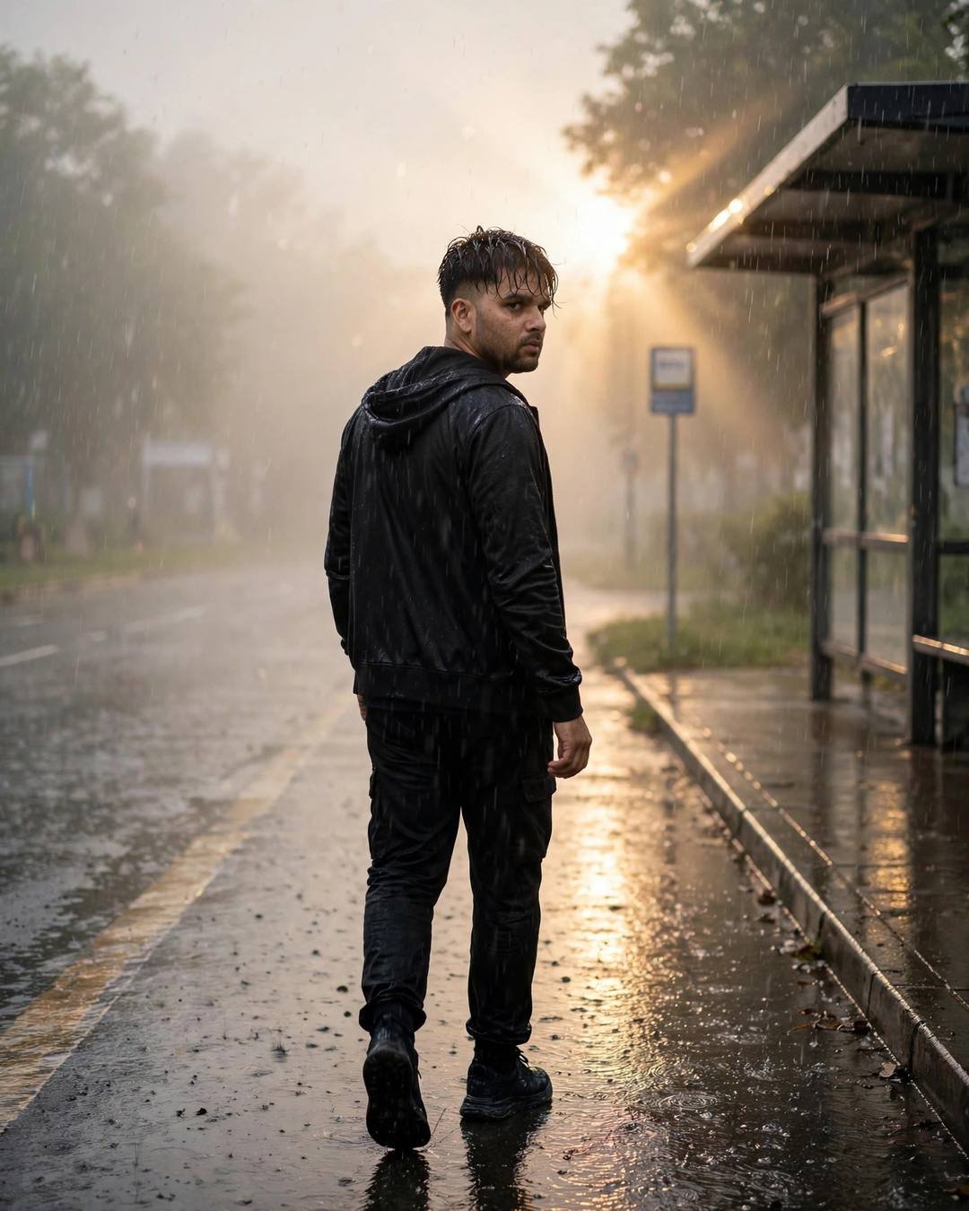 A young man in all-black streetwear sitting on the edge of his bed in a foggy room, golden rain-lit window behind him